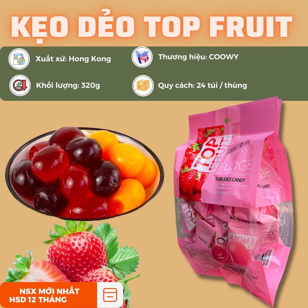 TOP DÂU - Kẹo Top Fruit coowy vị dâu màu hồng 280gr